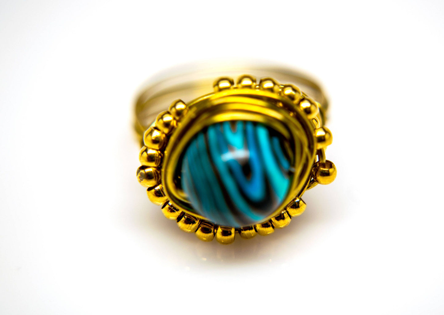 Designer Gold Wire Wrapped Ring Stripe Howlite Turquoise 18K Gold Plated Spacers