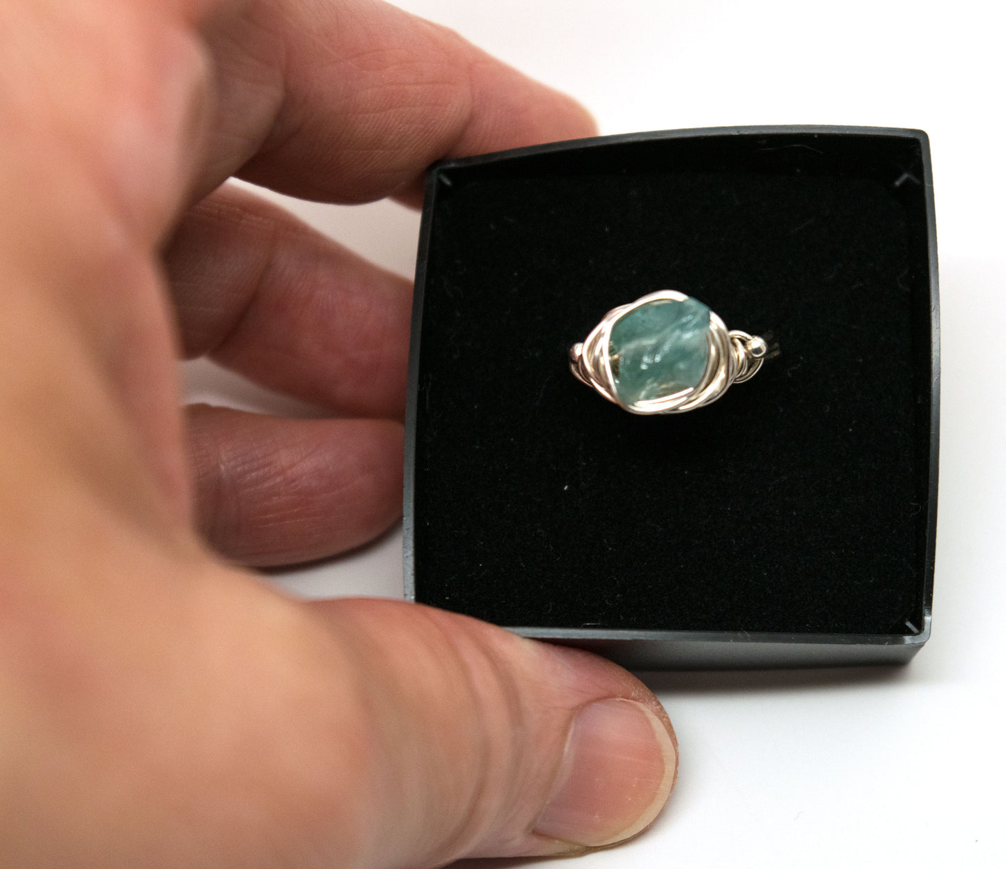 Designer Freeform Rough Apatite on Silver Wire - Wire Wrapped Ring Silver with Rough Apatite Gemstone and Silver Spacer Beads