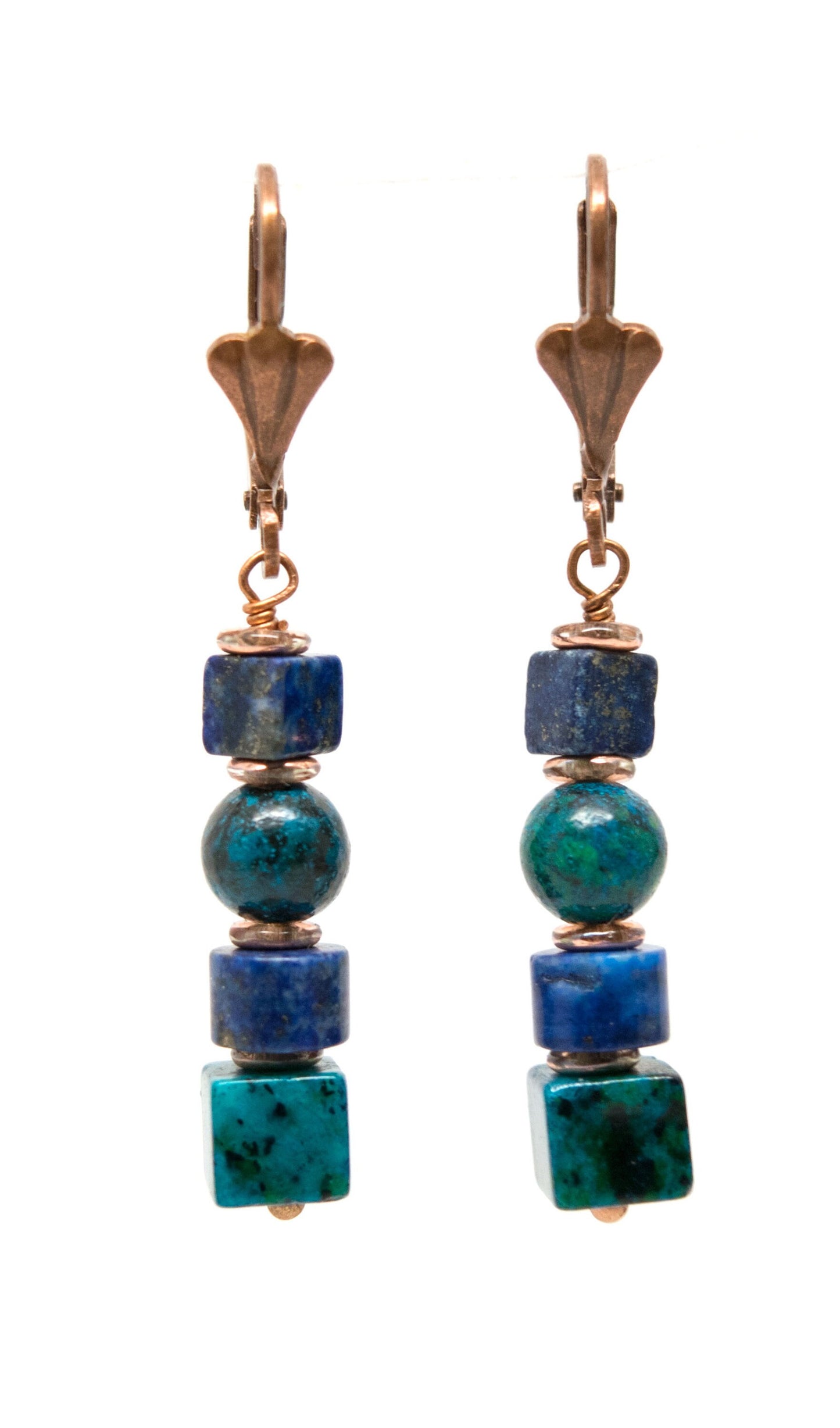 Chrysocolla Cubes Lapis Lazuli and Malachite Beads on Antiqued Leverback Ear Wire
