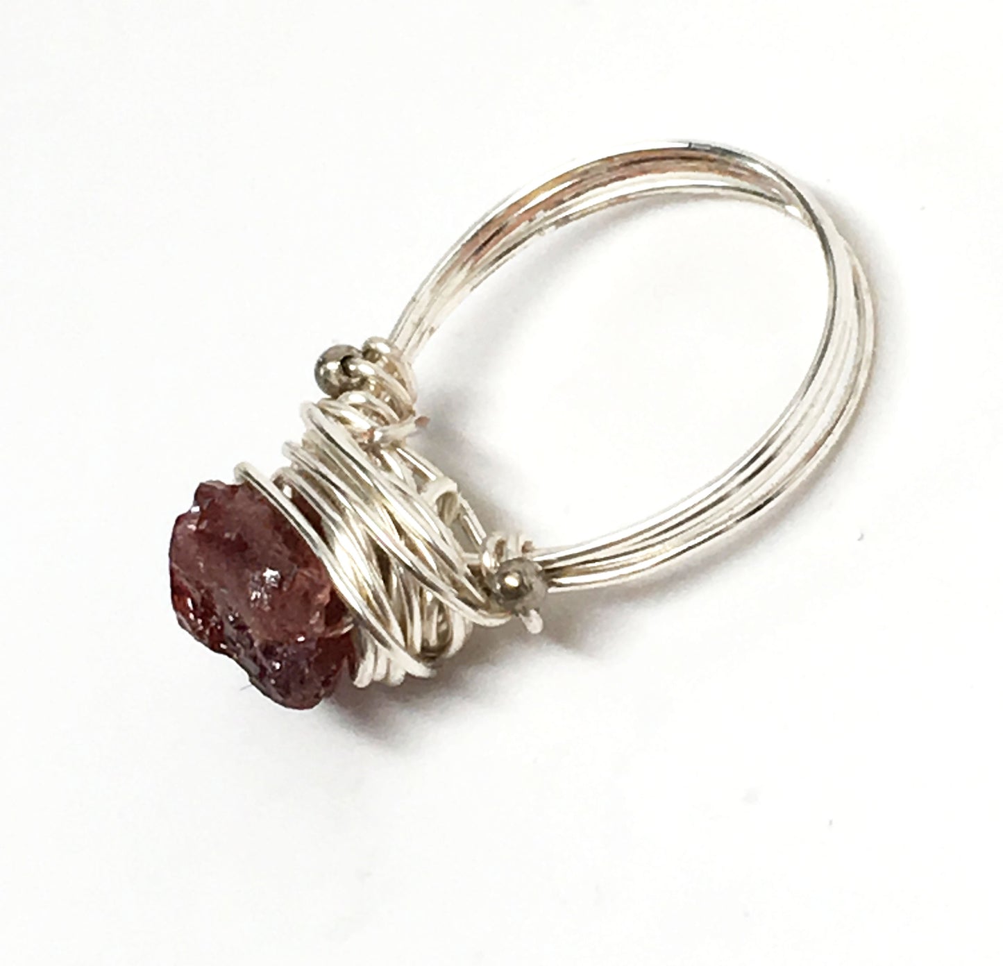 Designer Freeform Rough Garnet on Silver Wire - Wire Wrapped Ring Silver with Rough Apatite Gemstone and Silver Spacer Beads