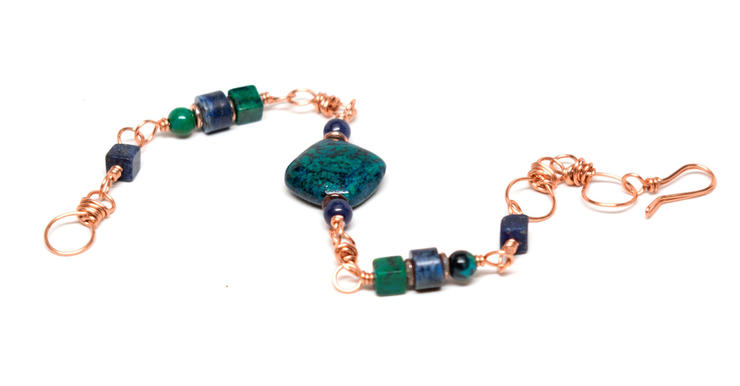 Chrysocolla Cubes Lapis Lazuli and Malachite Beads with Chrysocolla Diamond Accent Bead Bracelet - Handmade on Copper Wire