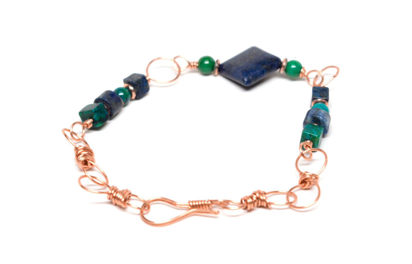 Bracelet with Chrysocolla Cubes Lapis Lazuli, Malachite Beads with Lapis Lazuli Diamond Accent Bead - Handmade on Copper Wire