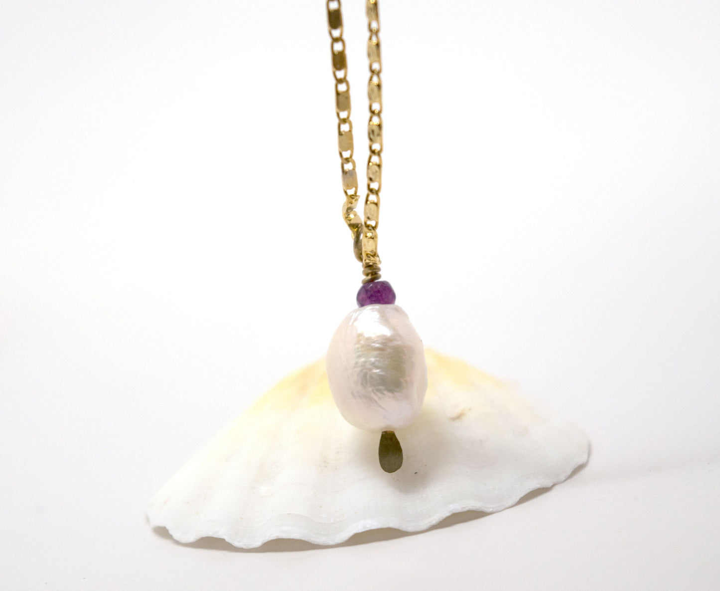 Fresh Water Baroque Pearl and Amethyst on 18K Gold Filled Flat Chain