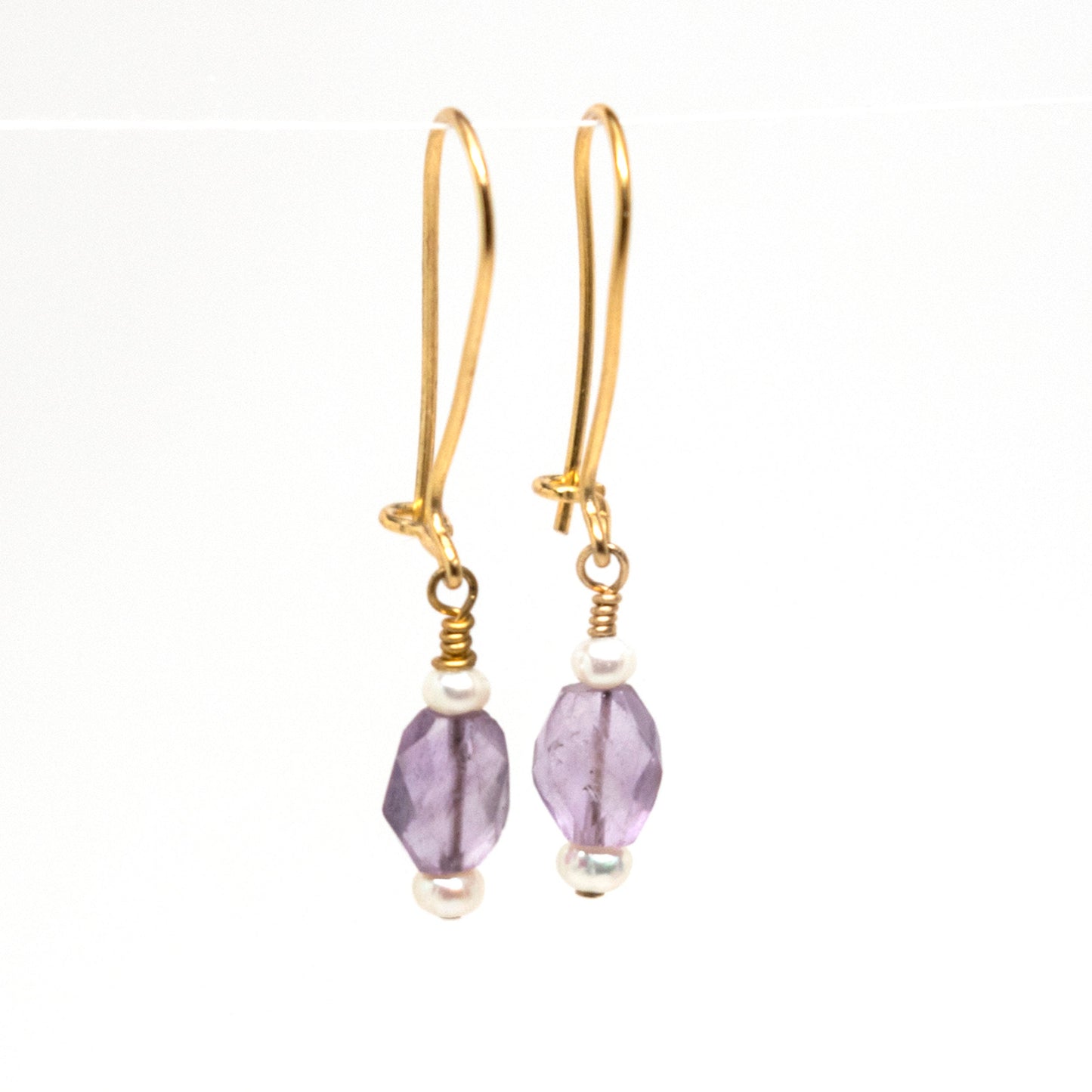 Long Gold Filled Dangle Earring with White Freshwater Pearl and Faceted Amethyst