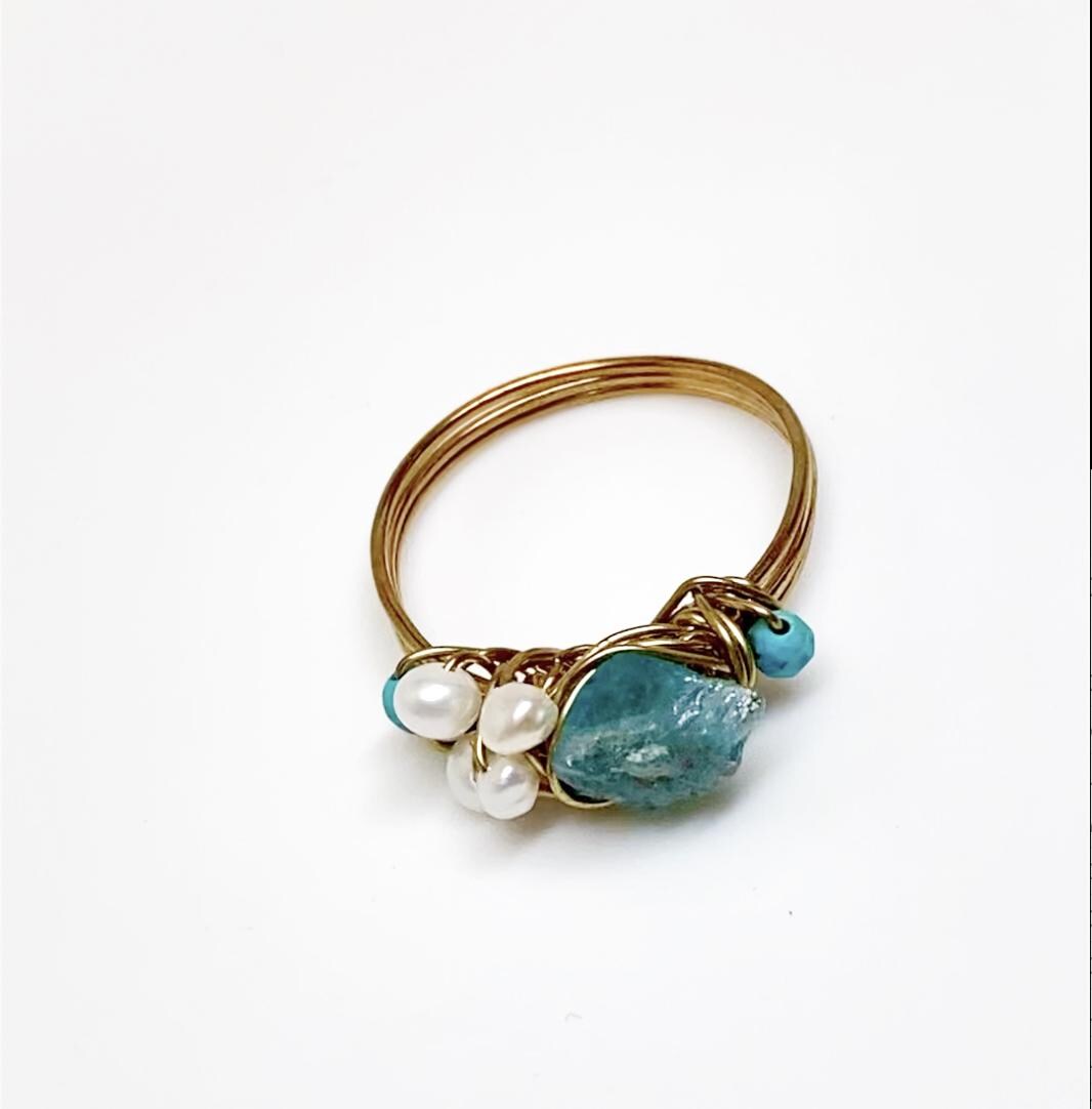 Apatite, Pearl, and Amazonite Gold Wire Wrapped Ring, Handmade Gemstone Ring, Boho Artisan Jewelry, March Birthstone Ring, Gift for Her