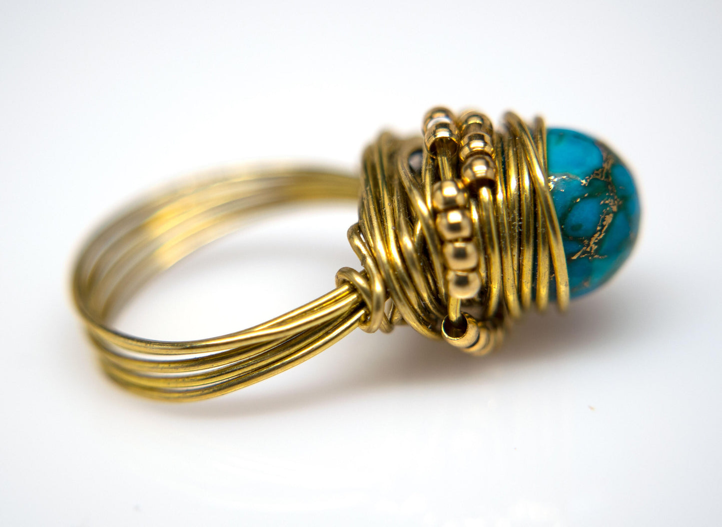 Gold Wire Wrapped Turquoise Ring, Handmade Statement Turquoise Pyrite  Ring, Boho Turquoise Pyrite Ring for Women, Artisan Jewelry Gift