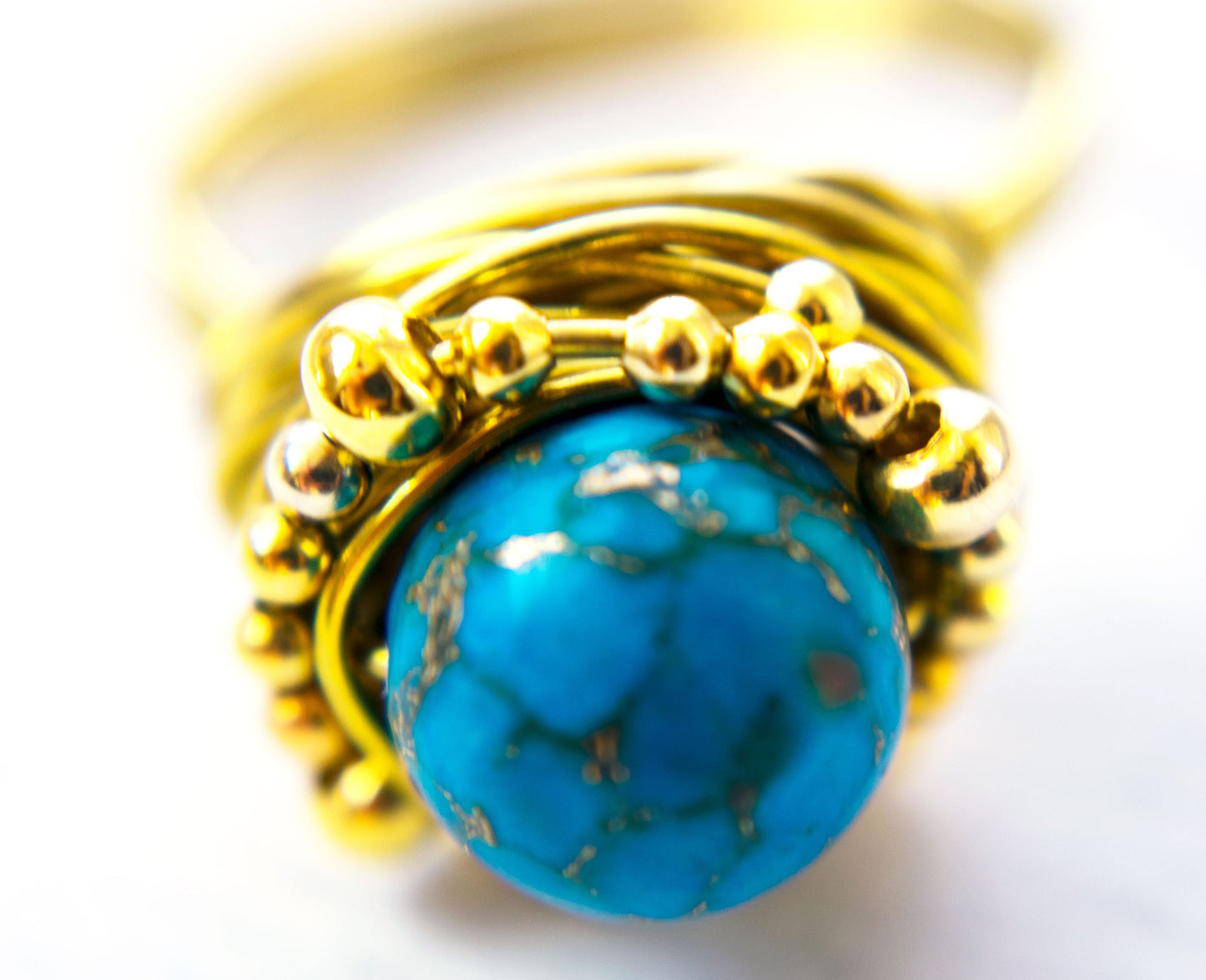 Gold Wire Wrapped Turquoise Ring, Handmade Statement Turquoise Pyrite  Ring, Boho Turquoise Pyrite Ring for Women, Artisan Jewelry Gift