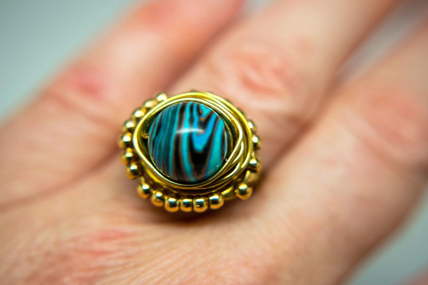 Designer Gold Wire Wrapped Ring Stripe Howlite Turquoise 18K Gold Plated Spacers