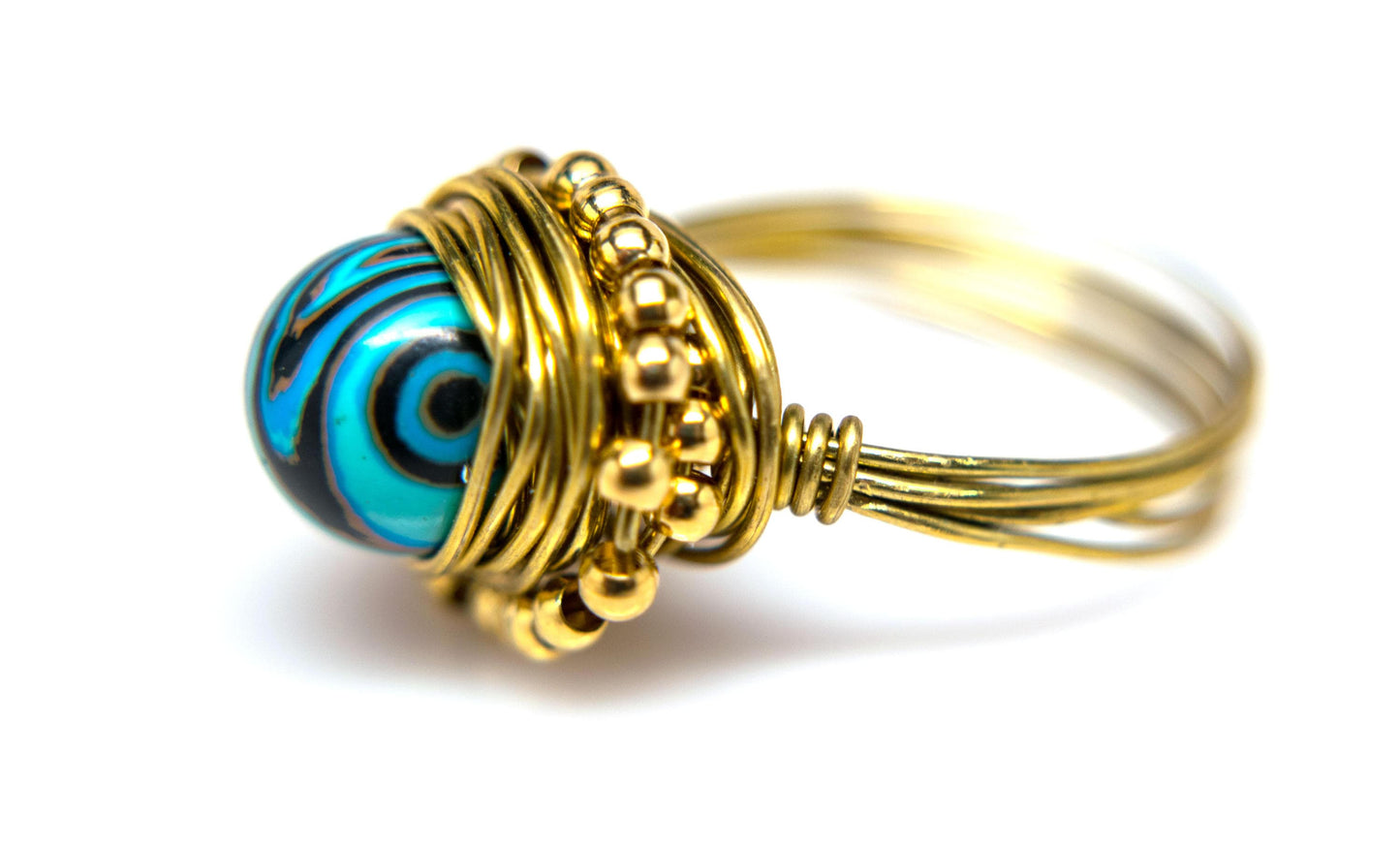 Designer Gold Wire Wrapped Ring Stripe Howlite Turquoise 18K Gold Plated Spacers