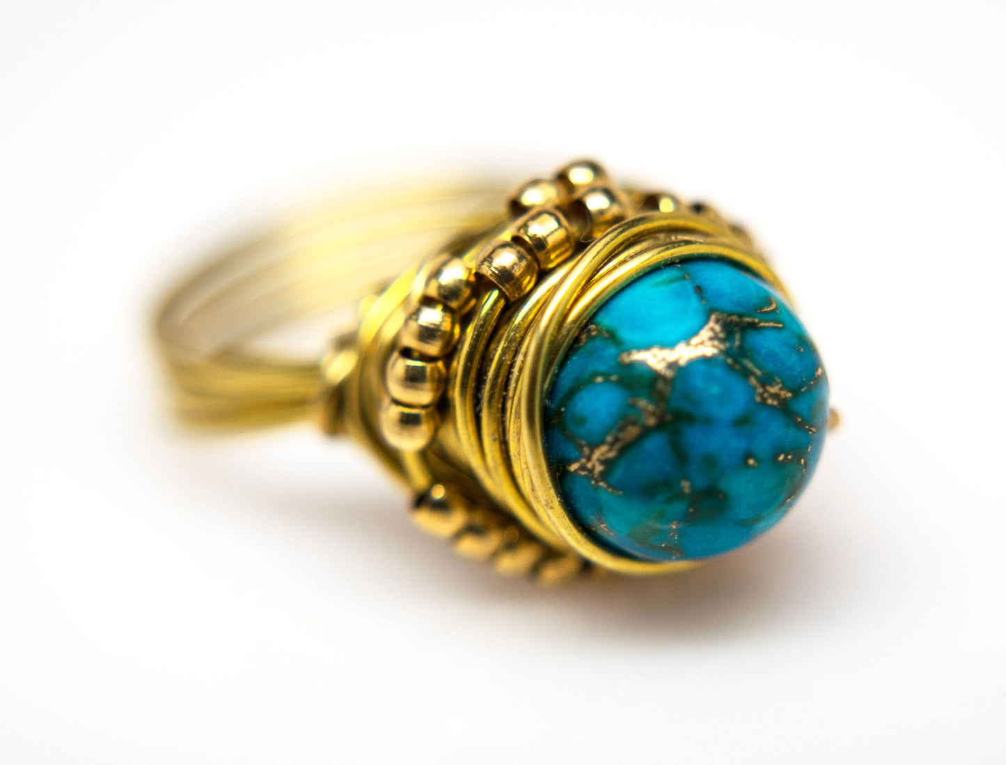 Gold Wire Wrapped Turquoise Ring, Handmade Statement Turquoise Pyrite  Ring, Boho Turquoise Pyrite Ring for Women, Artisan Jewelry Gift