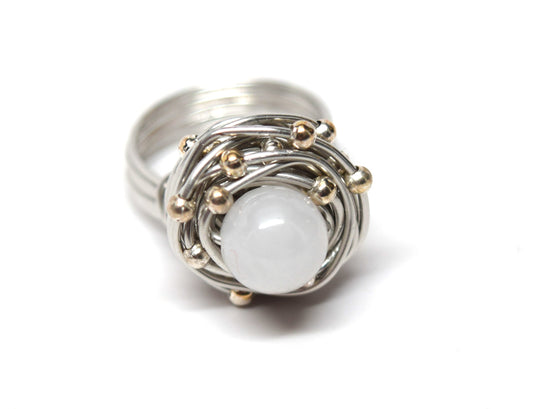 White Jade Wire Wrapped Ring – Sterling Silver and Gold Bead Statement Ring – Handmade Gemstone Jewelry Gift for Her, Handmade Jade Ring,