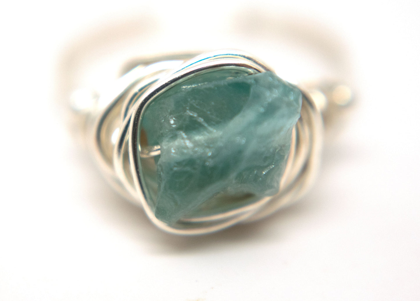 Designer Freeform Rough Apatite on Silver Wire  - Wire Wrapped Ring Silver with Rough Apatite Gemstone and Silver Spacer Beads