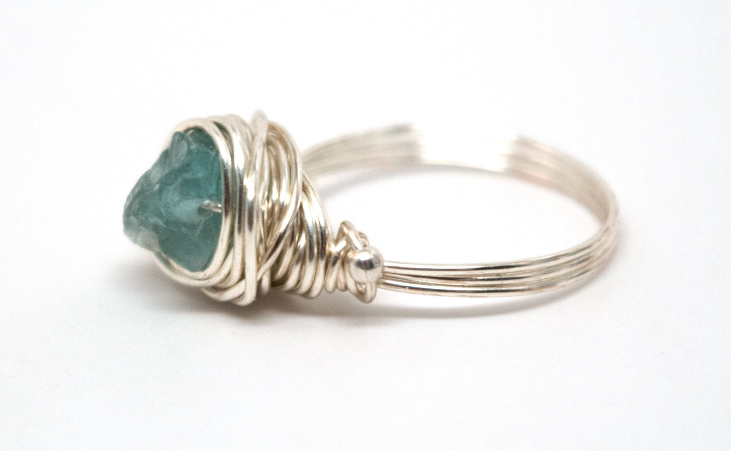 Designer Freeform Rough Apatite on Silver Wire  - Wire Wrapped Ring Silver with Rough Apatite Gemstone and Silver Spacer Beads
