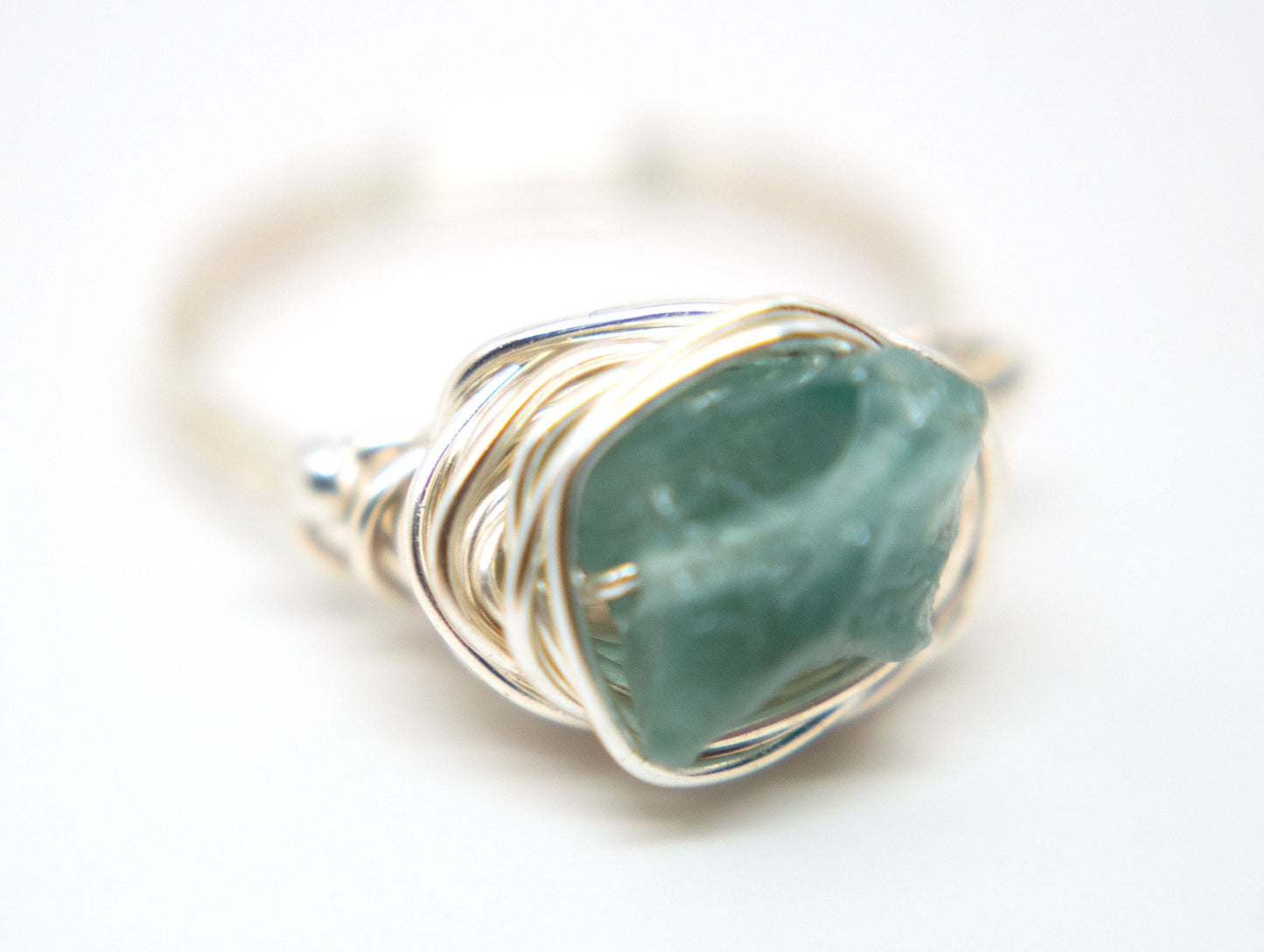 Designer Freeform Rough Apatite on Silver Wire  - Wire Wrapped Ring Silver with Rough Apatite Gemstone and Silver Spacer Beads