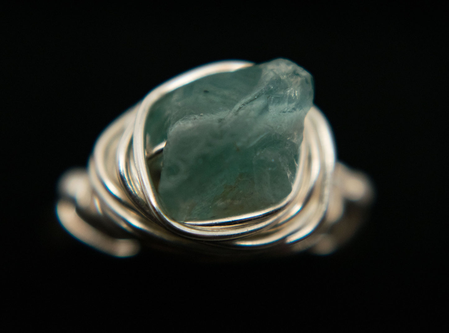 Designer Freeform Rough Apatite on Silver Wire  - Wire Wrapped Ring Silver with Rough Apatite Gemstone and Silver Spacer Beads