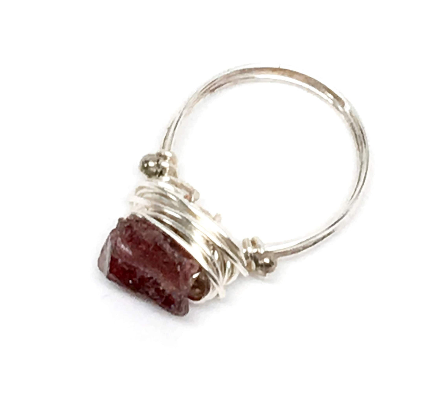 Designer Freeform Rough Garnet on Silver Wire  - Wire Wrapped Ring Silver with Rough Apatite Gemstone and Silver Spacer Beads