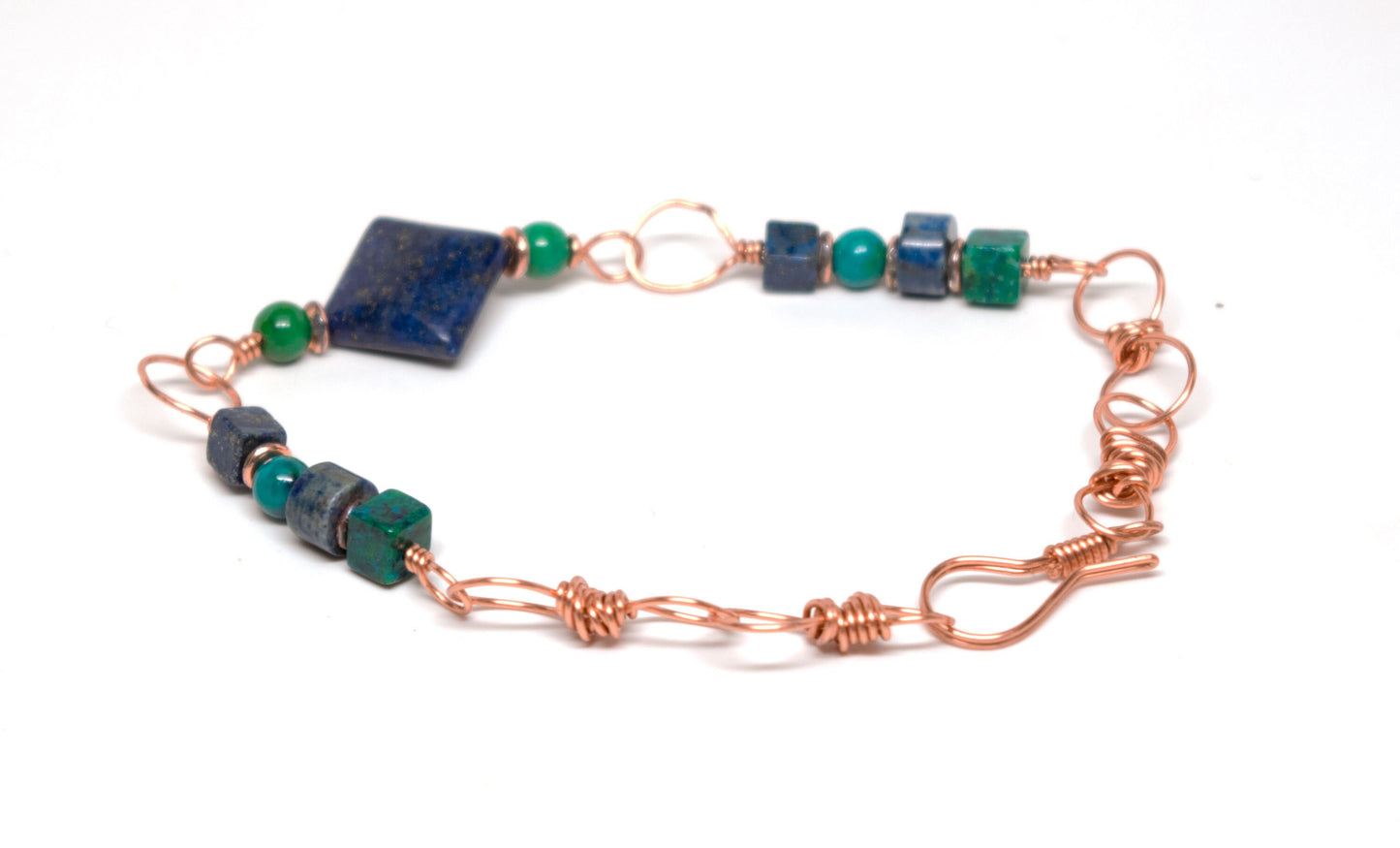 Bracelet with Chrysocolla Cubes Lapis Lazuli, Malachite Beads with Lapis Lazuli Diamond Accent Bead - Handmade on Copper Wire