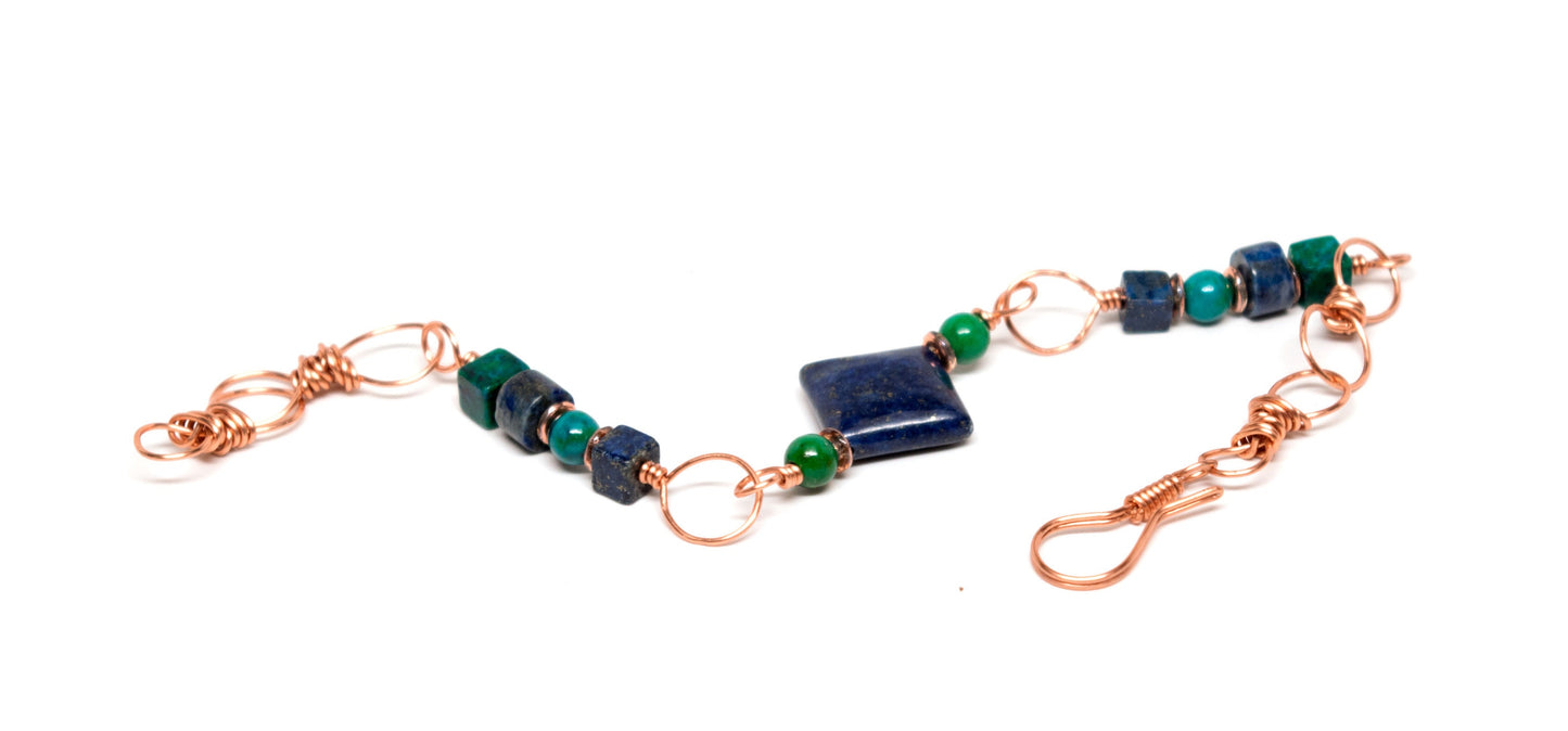 Bracelet with Chrysocolla Cubes Lapis Lazuli, Malachite Beads with Lapis Lazuli Diamond Accent Bead - Handmade on Copper Wire