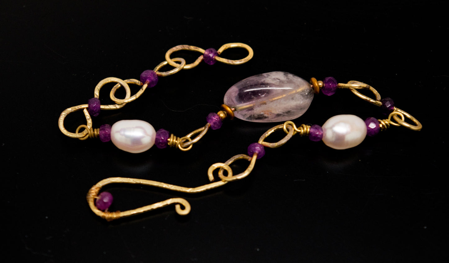 Pearl and Amethyst  Bracelet - Handmade on Hammered Brass Wire