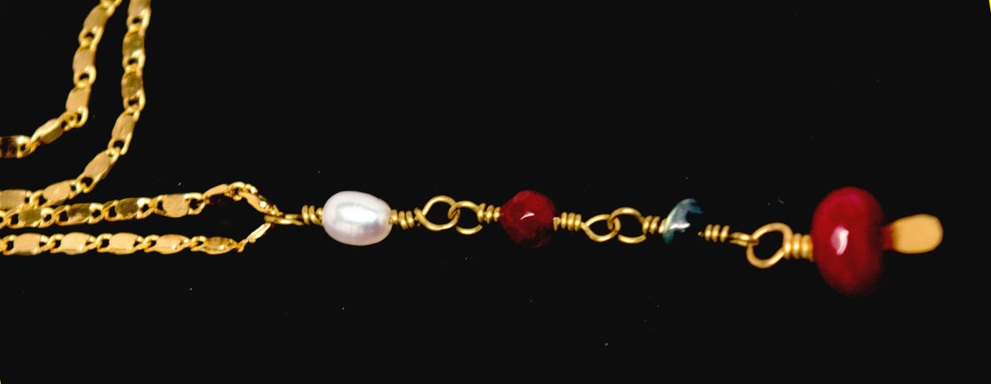 Fresh Water Pearl, Labradorite and Ruby Jade on 18K Gold Filled Flat Chain