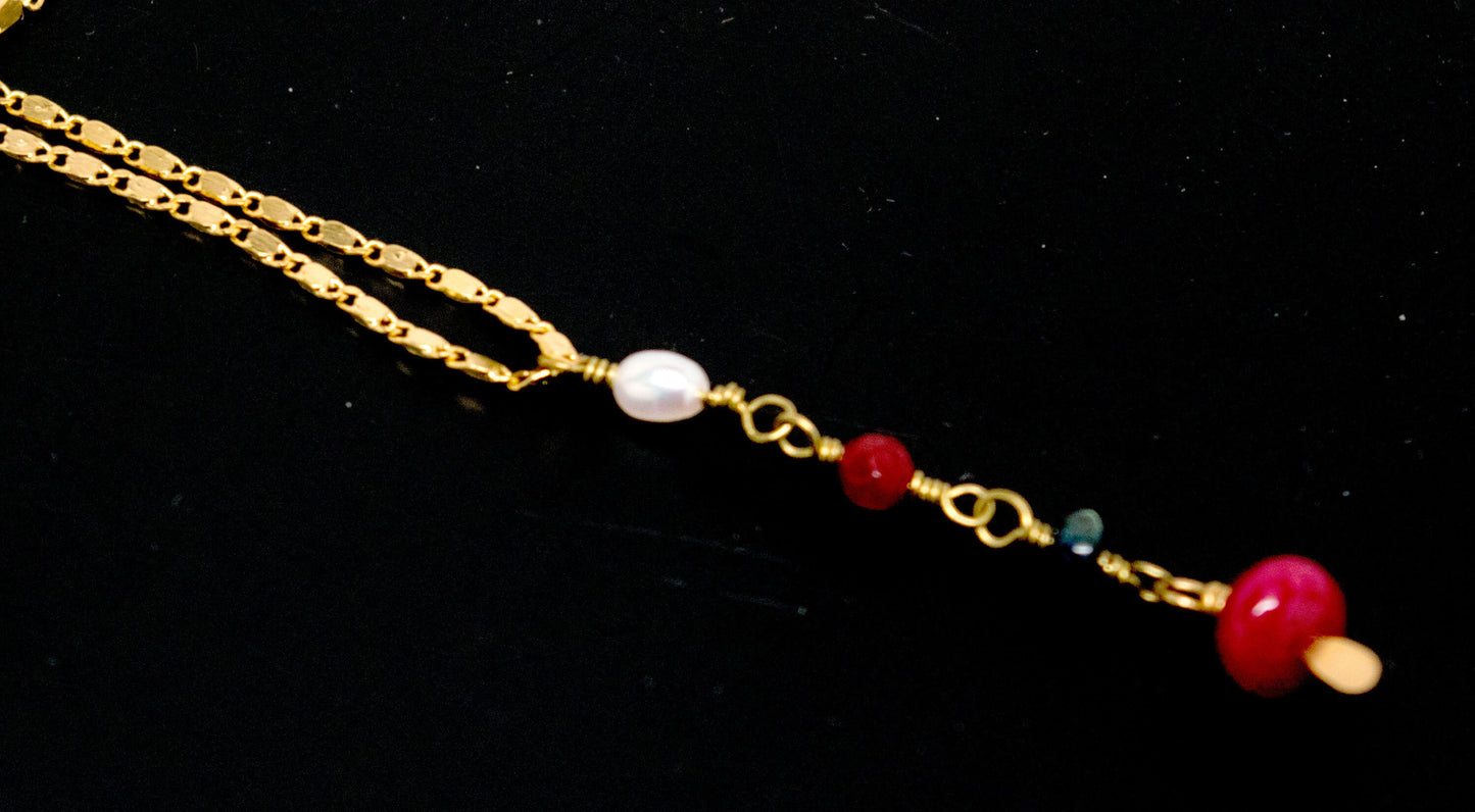 Fresh Water Pearl, Labradorite and Ruby Jade on 18K Gold Filled Flat Chain