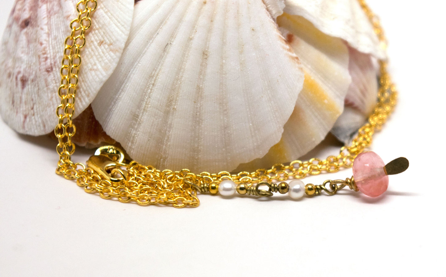Pink Tourmaline with Fresh Water Pearl on Gold Filled Rolo Chain