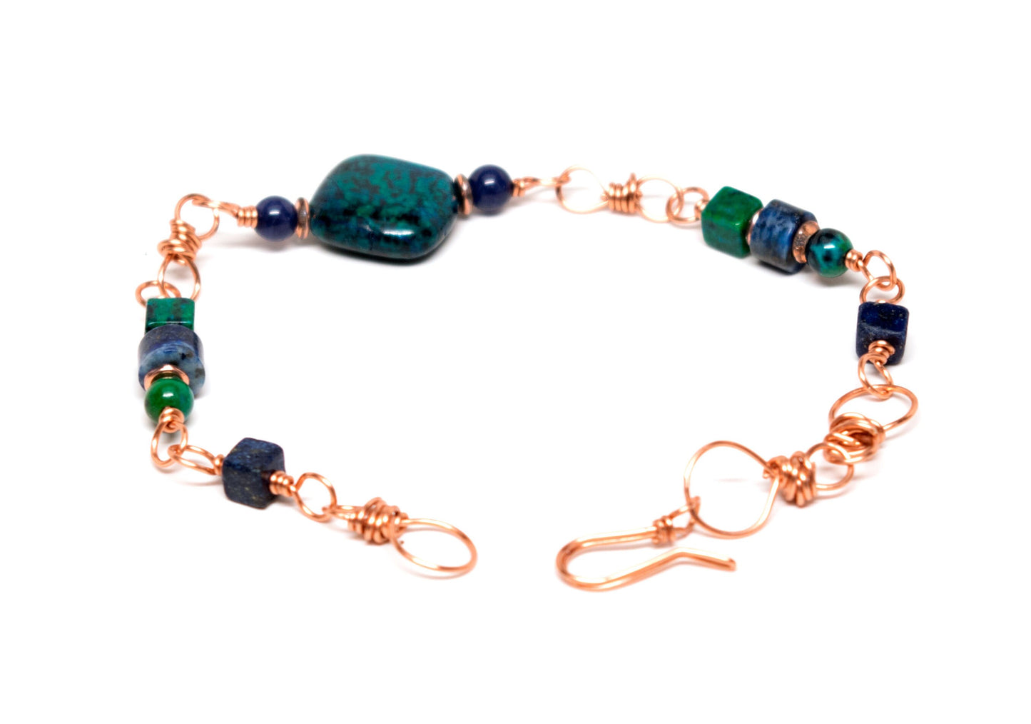 Chrysocolla Cubes Lapis Lazuli and Malachite Beads with Chrysocolla Diamond Accent Bead Bracelet - Handmade on Copper Wire