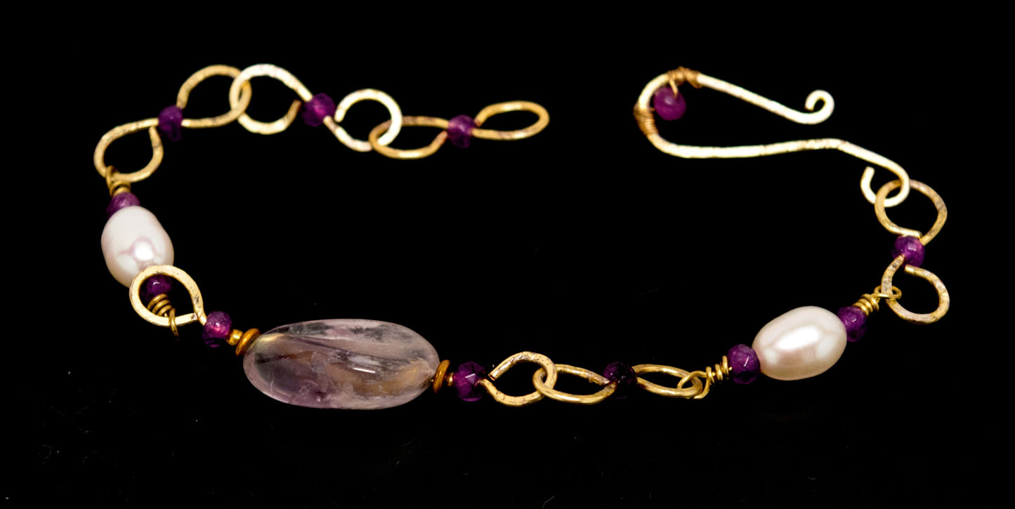 Pearl and Amethyst  Bracelet - Handmade on Hammered Brass Wire