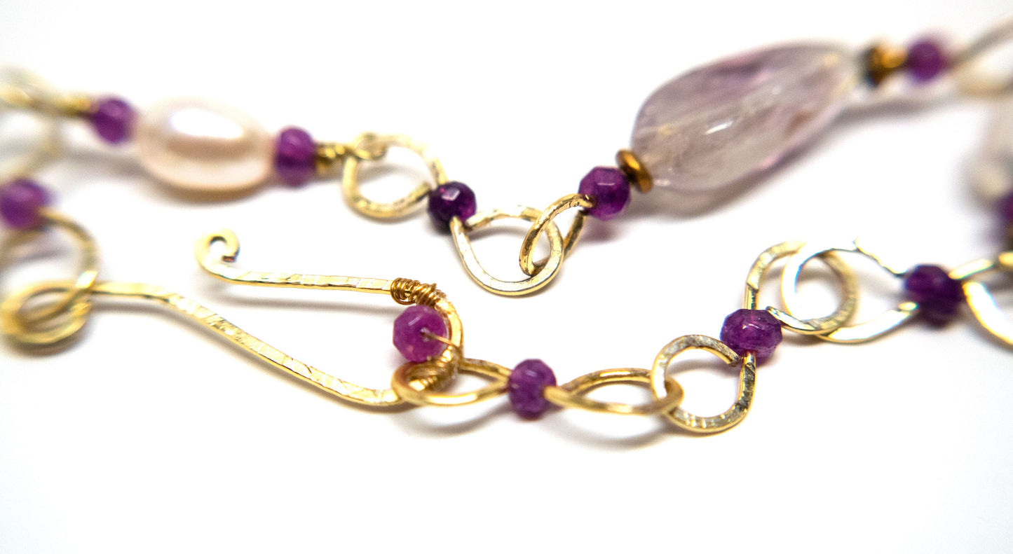 Pearl and Amethyst  Bracelet - Handmade on Hammered Brass Wire