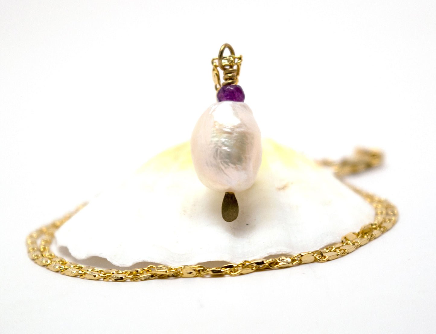 Fresh Water Baroque Pearl and Amethyst on 18K Gold Filled Flat Chain