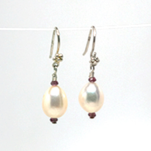 Teardrop Fresh Water Pearl with Faceted Garnet on Sterling Silver