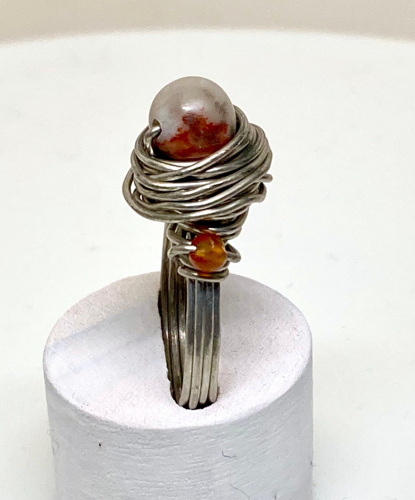 Red Jasper, Carnelian, Pearl, on Wire-Wrapped Ring