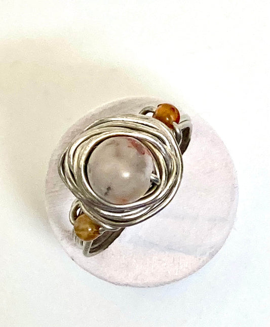 Red Jasper, Carnelian, Pearl, on Wire-Wrapped Ring