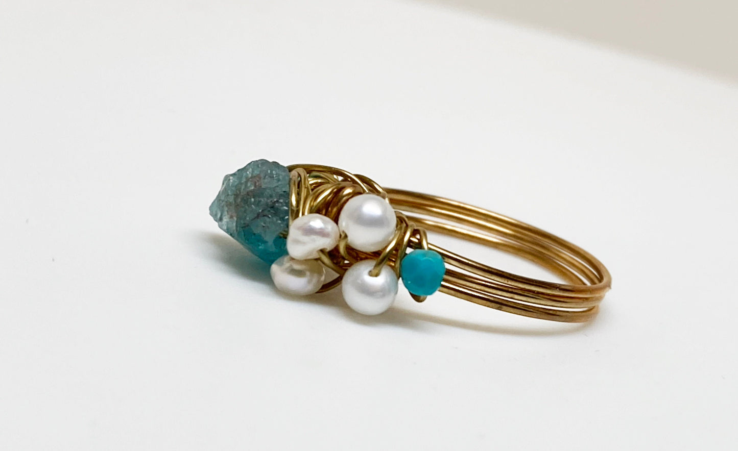 Apatite, Pearl, and Amazonite Gold Wire Wrapped Ring, Handmade Gemstone Ring, Boho Artisan Jewelry, March Birthstone Ring, Gift for Her