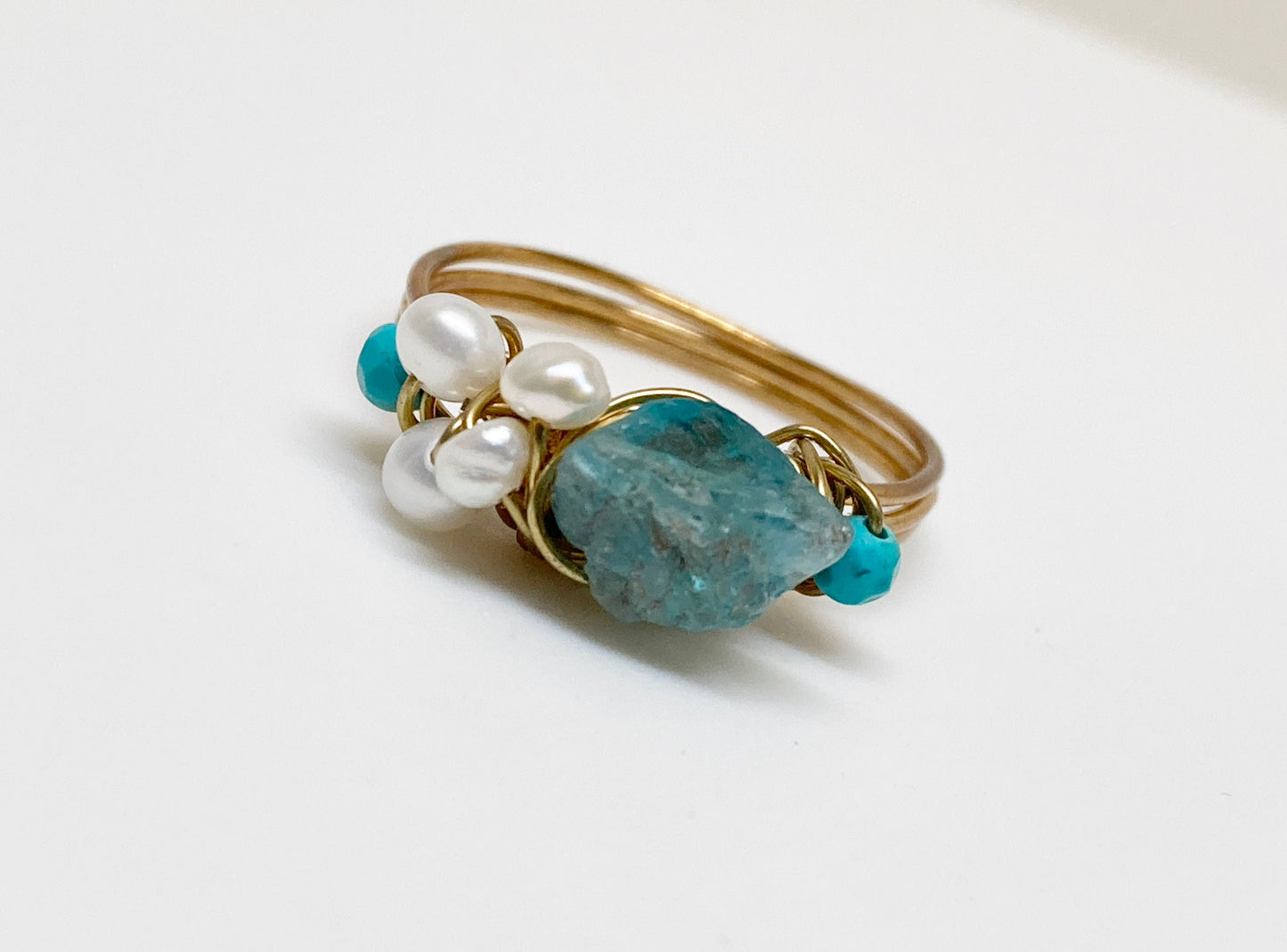 Apatite, Pearl, and Amazonite Gold Wire Wrapped Ring, Handmade Gemstone Ring, Boho Artisan Jewelry, March Birthstone Ring, Gift for Her