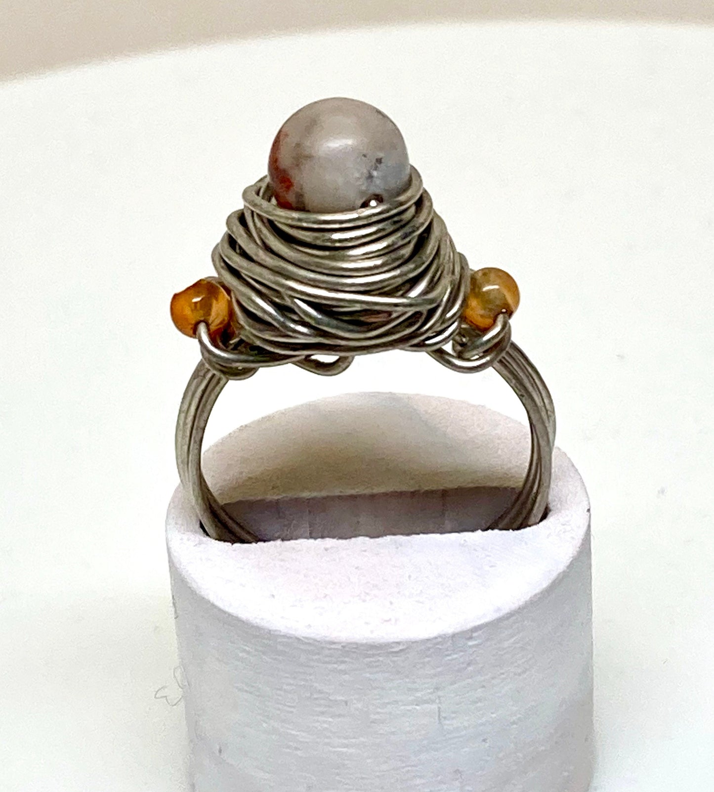 Red Jasper, Carnelian, Pearl, on Wire-Wrapped Ring