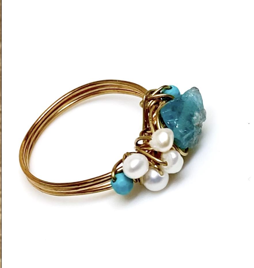 Apatite, Pearl, and Amazonite Gold Wire Wrapped Ring, Handmade Gemstone Ring, Boho Artisan Jewelry, March Birthstone Ring, Gift for Her