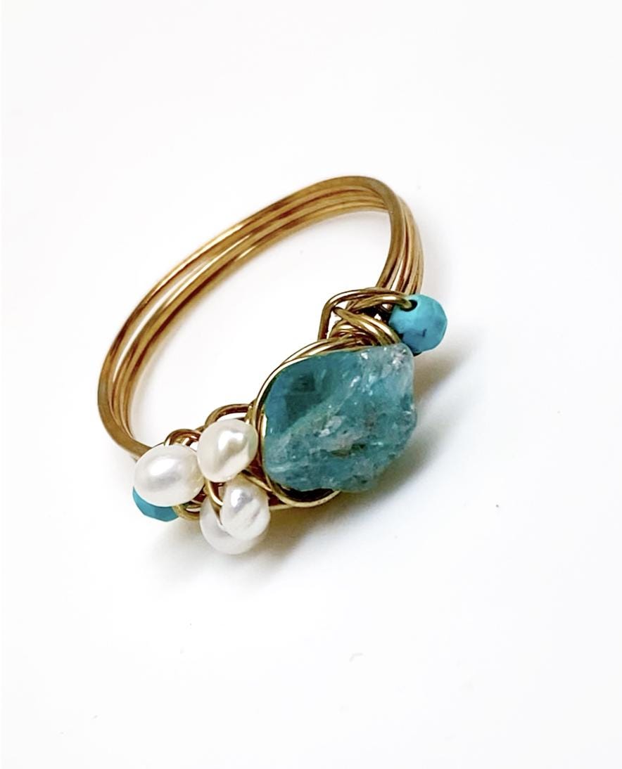 Apatite, Pearl, and Amazonite Gold Wire Wrapped Ring, Handmade Gemstone Ring, Boho Artisan Jewelry, March Birthstone Ring, Gift for Her